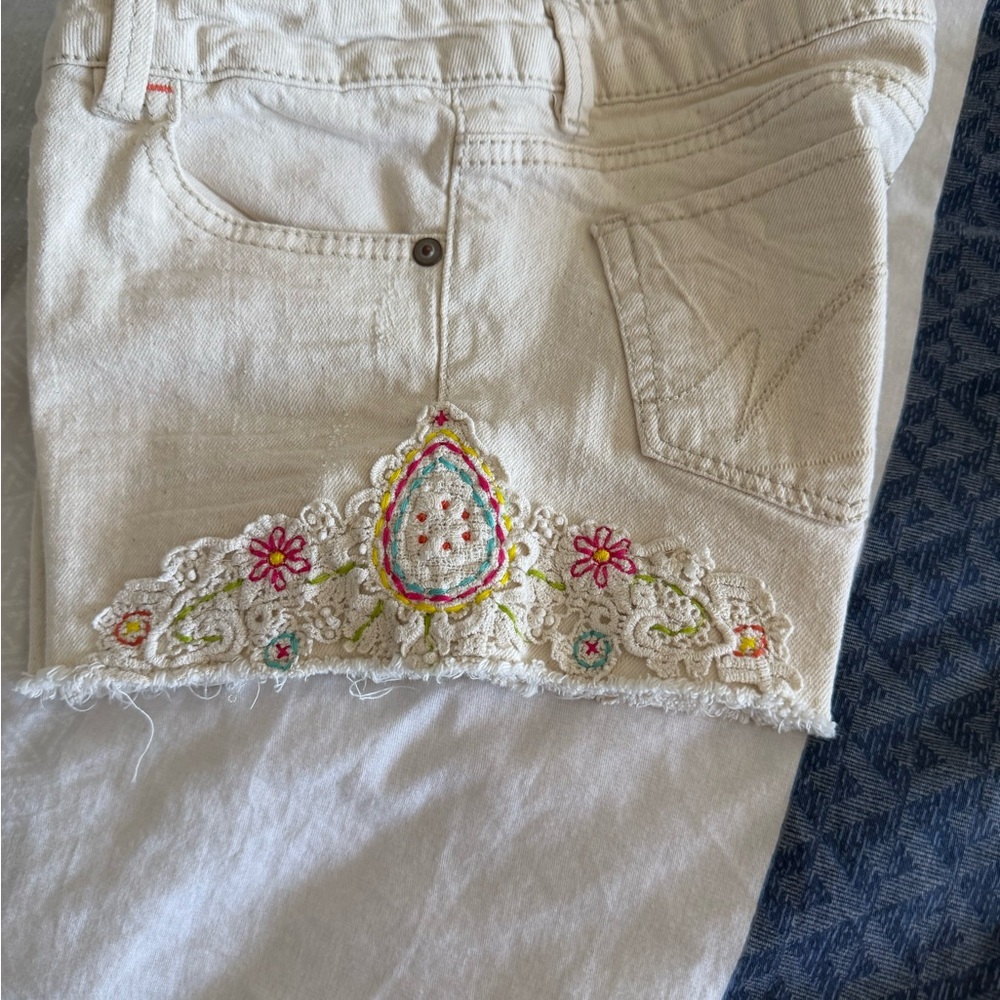 Embroidered White Denim Shorts with Colorful Lace Trim